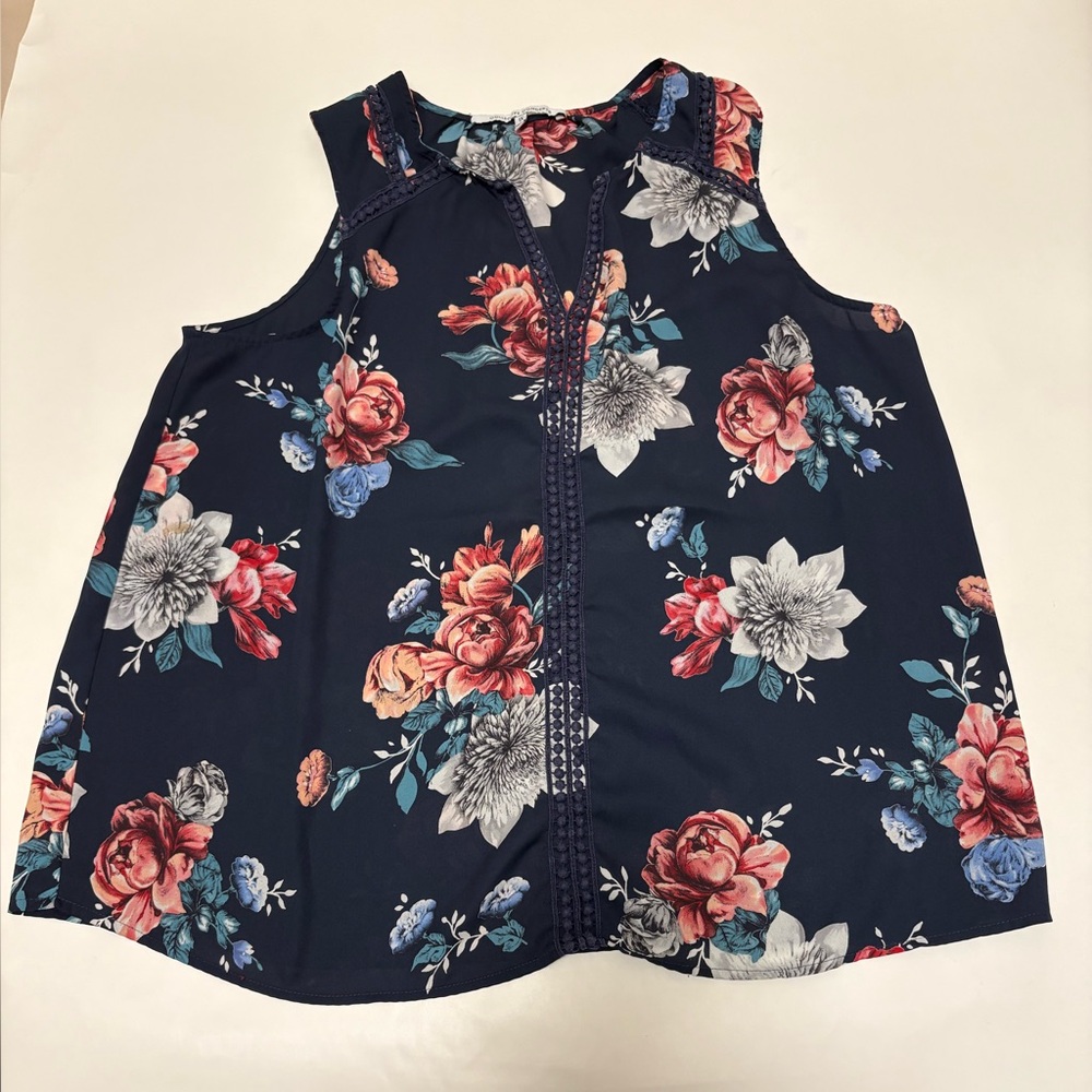 Collective Concepts Navy Floral Sleeveless Top Red Cream Flowers Camisole Blouse